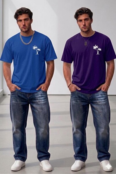NO 601 Men's Purple-Sax Blue 2-Piece Palm Tree Printed Oversize Tshirt