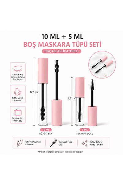 Beauty Box 10 ml + 5 ml Boş Maskara Tüpü Seti Pembe Kapaklı Fırçalı Kirpik Ka...
