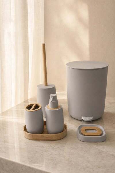 Mapa Home LULE Bambu Detaylı 6'lı Banyo Aksesuar Seti Yuvarlak Gri