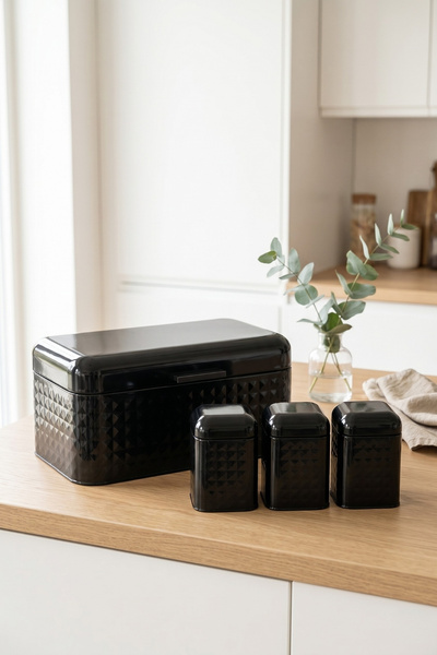 EVLE 4-Piece Metal Kitchen Set: 11.8 Lt Hinged Bread Bin and 3 X 1.3 Lt Stora...