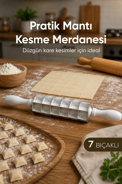 Vienev 7 Bıçaklı Kare Paslanmaz Çelik Mantı ve Hamur Kesme Merdanesi