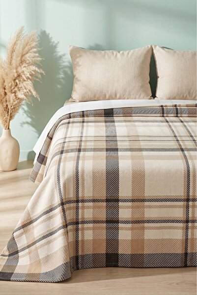 Rivaİstanbul Beige Plaid Patterned Double Printed Pique & Bedspread 200X230 cm