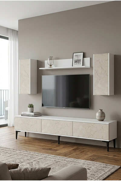 cnyr TVR1899BT APLOS TV ÜNİTESİ TAKIMI BEYAZ-TRAVERTEN 180CM