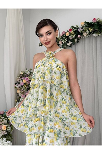 ETİKAFASHION Volanlı Gül Detaylı Şifon Uzun Elbise