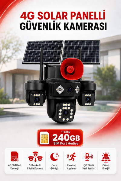 HARVOX 3 Hareketli Kameralı Güneş Enerjili Solar Güvenlik Kamerası 4G Sim Kar...