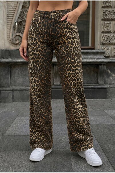 alanora Pantaloni Palazzo cu talie înaltă, cu imprimeu leopard, pentru femei