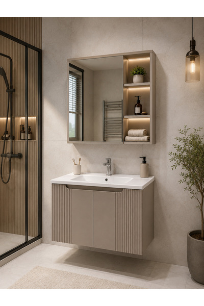 nata Banyo 60cm Kapak Aynalı MDF Banyo Dolabı Takımı Lavabolu – Kum Taşı