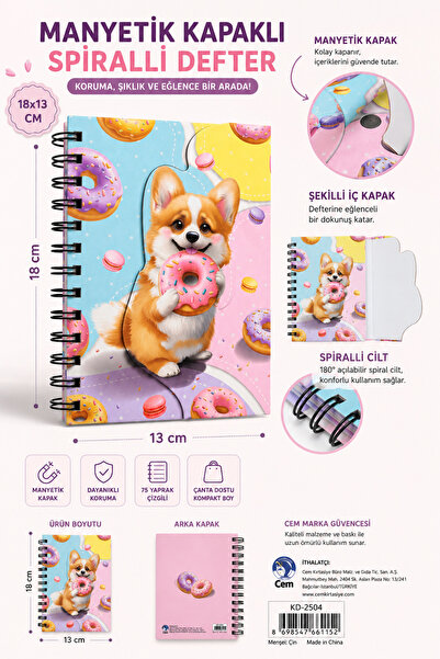 DODOMAR Dolphin Magnetic Cover Spiral Notebook with Dog and Donut Figures