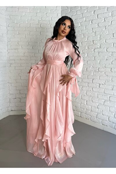 moneta boutique فستان سهرة نسائي طويل من الشيفون بتصميم مكشكش