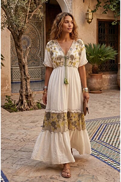 moda gk Beaded/Embroidery Detailed Shiny Patterned Bohemian Imported Dress