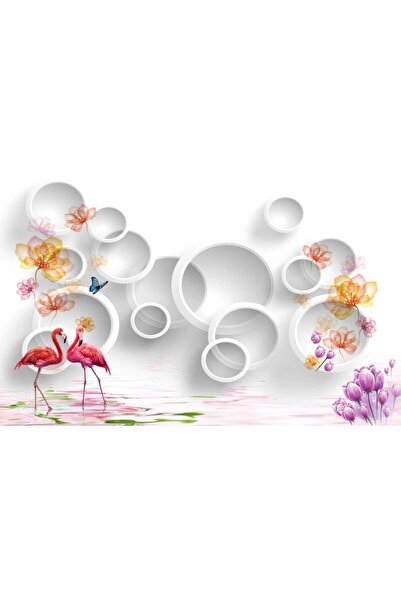 Persona Tablou Canvas, Flamingo Roz Si Cercuri Albe 3D- 100 X 70 cm
