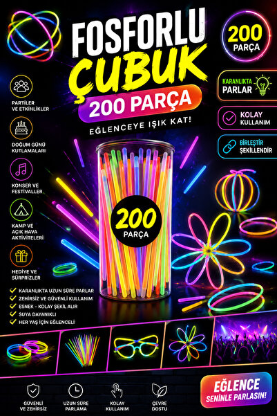 GÖZDE AKKURT 200 Parça Fosforlu Işıldak Çubuk Seti – Karışık Renk Bileklik Pa...