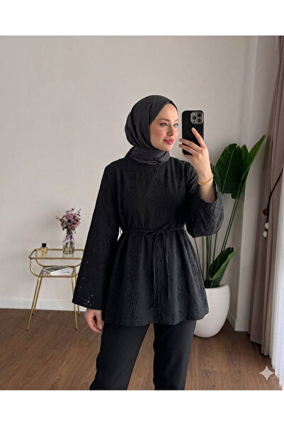 RFK Butik بلوزة نسائية بأكمام جرسية وحزام - أسود