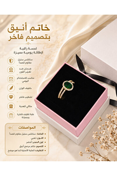 Rexon Elegant Gold Color Stainless Steel Ring with Emerald-Style Stone and Zi...