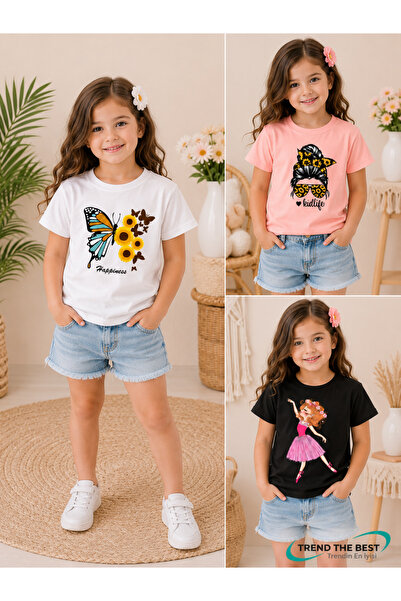 TREND THE BEST Trendin En İyisi Set de tricouri din 3 piese pentru fete, cu i...