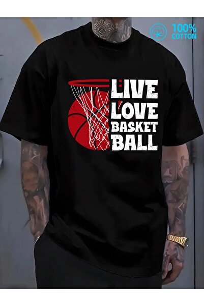 LİNA06 تي شيرت مضحك بطبعة Live Love Basketball |   تي شيرت كاجوال أسود بوزن 1...