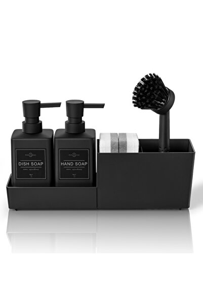Choice 450 ml black Kitchen Soap Dispenser Set with Sponge Holder and Brush f...
