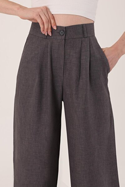 Hazel Women's Anthracite High Waist Linen Palazzo Trousers