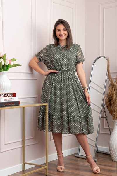 OEM Rochie retro Krista cu buline albe si maneci bufante - Kaki