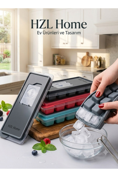 HZL HOME 12'li Silikon Küp Buz Kalıbı - Kapaklı ve Hazneli Pratik Buzluk