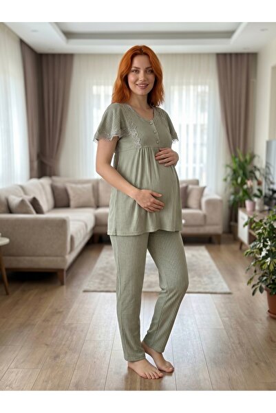 Lohusa Homewear New Season Green Summer Stylish Lace Embroidered Design Butto...