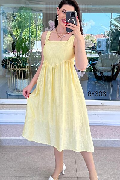 İnce Topuk Square Collar Tencel Muslin Fabric Dress 6Y308