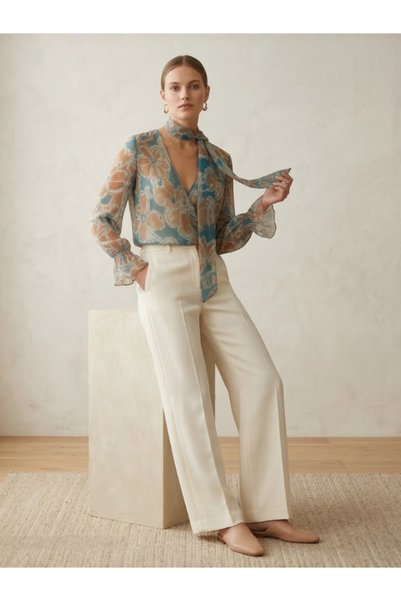 Vaura Multi-Colored Voile Chiffon Blouse with Scarf Detail
