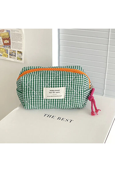 Choice Green Quilted Plaid Girls Cosmetic Bags Retro Ladies Clutch Pencil Cas...
