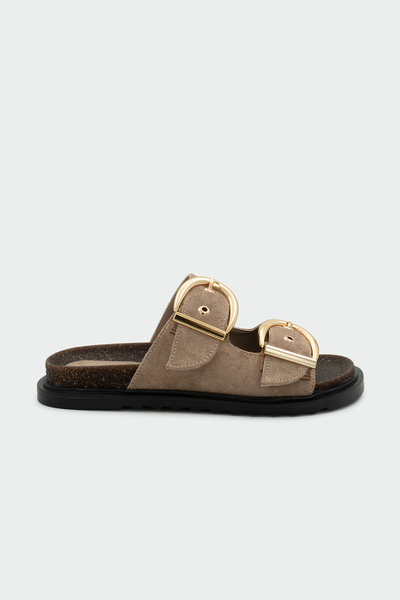 LAMİNTA Holix Gold Buckle Detailed Beige Suede Slippers
