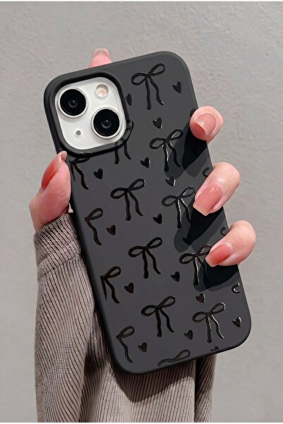 KVK PRİVACY iPhone 13/14/15 Uyumlu Siyah Fiyonk Desenli Kadifemsi Soft Touch ...