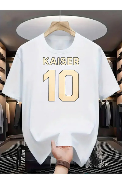 NOURAM تي شيرت أسود وأبيض بأكمام قصيرة مع طباعة رقم 10 ذهبية من KAISER، مثالي...