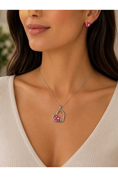 miore Heart Figured Pink Stone Necklace and Earring Set