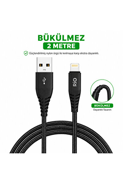 Rio 2 Metre Lightning Şarj ve Data Kablosu – Naylon Örgülü Hızlı Şarj Kablosu