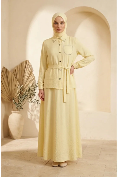 sefamerve Stone Detailed Buttoned Hijab Double Set 0329-01 Yellow