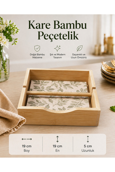 NUHA Dekoratif Kare Bambu Peçetelik-Organizer