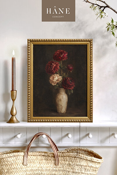 Hane Concept Vintage Bordo Çiçek Natürmort Çerçeveli Tablo, Vintage Vazoda Çi...
