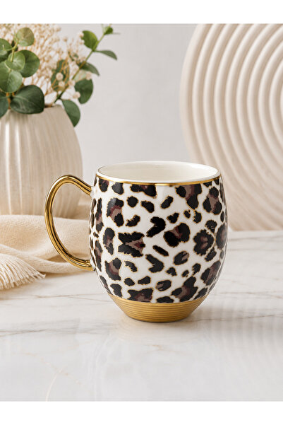 SERRA HOME Leopar Desenli Kupa Acar Metal Altlı Yaldızlı Kahve Bardağı