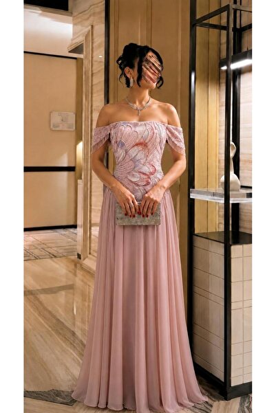 led style Embroidered Corset Evening Gown with Chiffon Skirt
