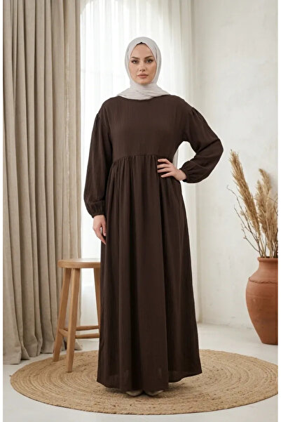 sefamerve Krinkil Fabric Gathered Hijab Dress 2283-02 Brown