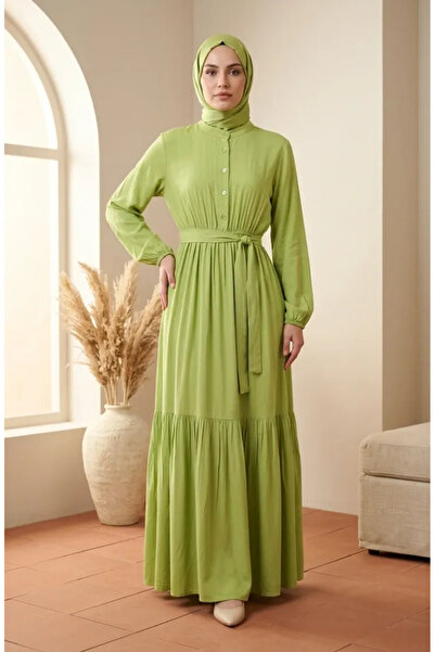 sefamerve Hakim Collar Elastic Waist Hijab Dress 0326-05 Pistachio Green