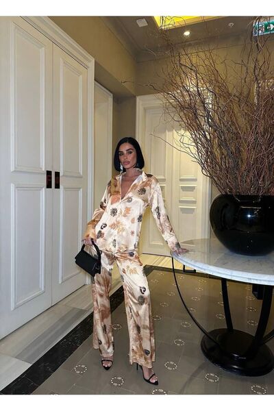 MAESTRO WOMAN Women's Yellow Patterned Shirt High Waist Pants Satin Set