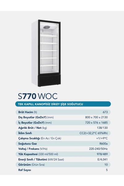 Şenocak S770 Geniş Tek Kapı Kola İçecek Meşrubat Şişe Soğutucu 1.5Kapı