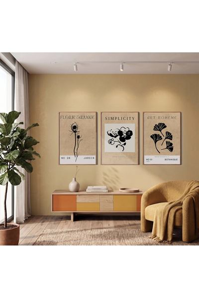 KOLAJTASARIM Σετ 3 ζωγραφικών έργων με ξύλινο πλαίσιο Bohemian Botanical Illu...