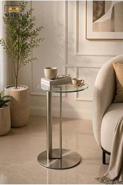 MARIA HOMES Modern Round Glass Side Table with Brushed Stainless Steel Base a...