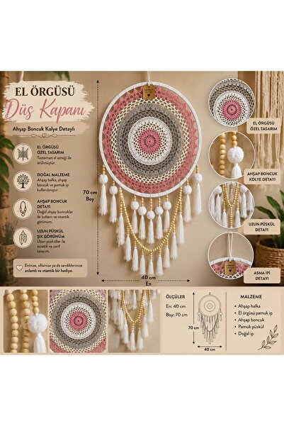SultanofAura El Örgüsü Bohem Düş Kapanı Duvar Süsü 70x40 cm – Ahşap Boncuklu,...