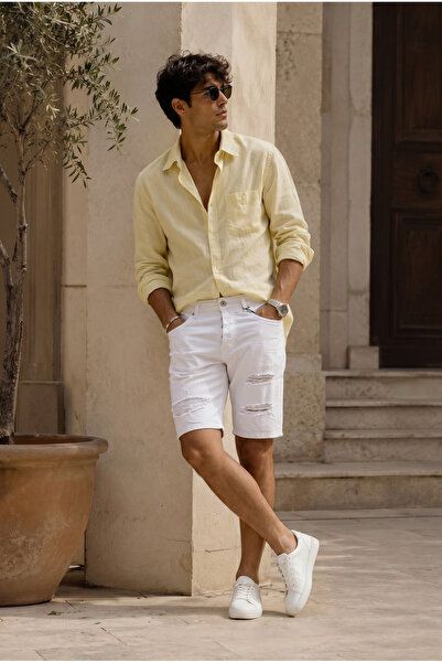 MADZEYMODA Ripped Detailed White Denim Jean Men's Shorts Mz-476