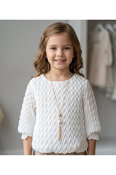 CUENTO KIDS Girl's Honeycomb Textured Stylish Blouse with Flounce Sleeves
