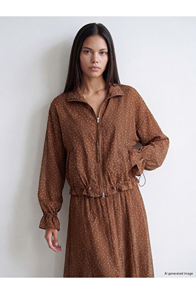 LC Waikiki Brown Patterned Stand Collar Zippered Women's Shirt Tunic