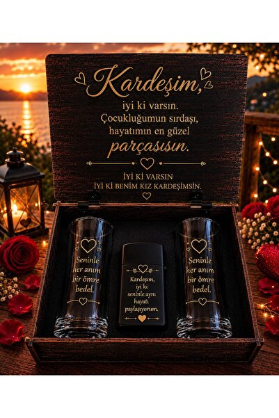 FH STLY Kız Kardeşe Özel Hediye Seti – 2 Rakı Bardağı ve Siyah Çakmak