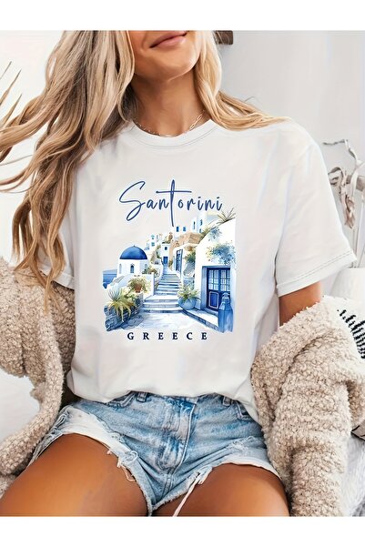 Deocept Women's Santorini Printed Crew Neck Regular Fit T-Shirt